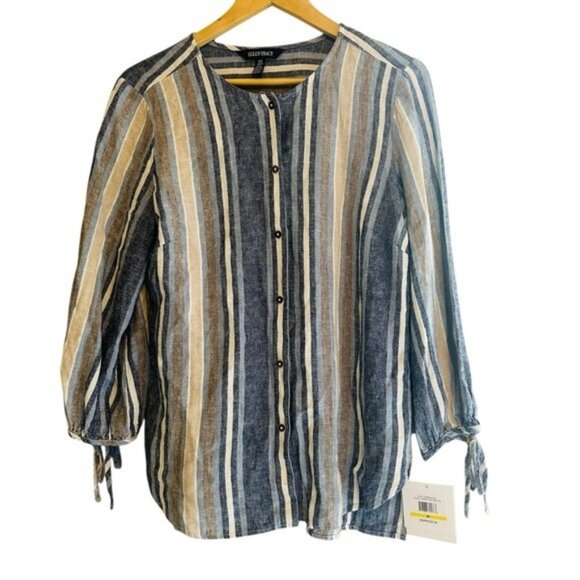 Ellen Tracy Womens Linen Blend Blue Striped 3/4 Sleeve Button Front Blouse Sz M - Picture 1 of 8